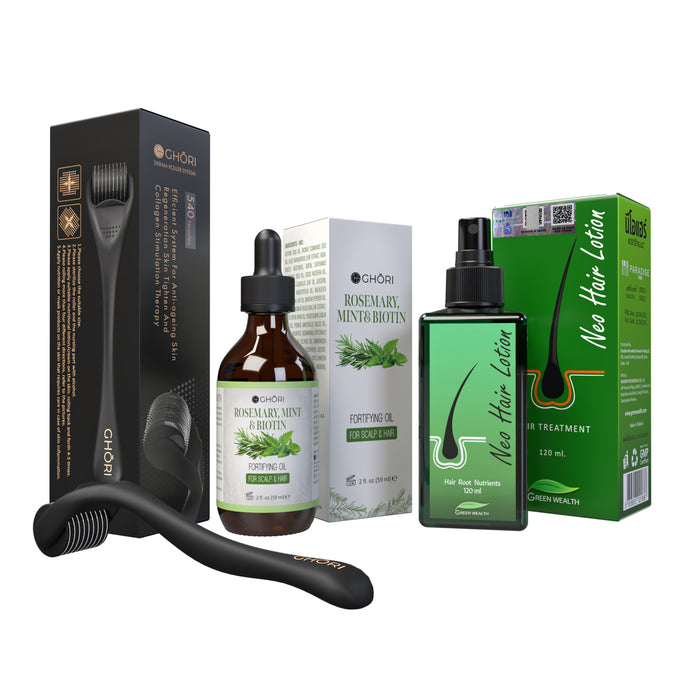SUPER DEAL - Green Wealth Neo Hair Lotion, ROSEMARY, MINT & BIOTIN Oil, Derma Roller